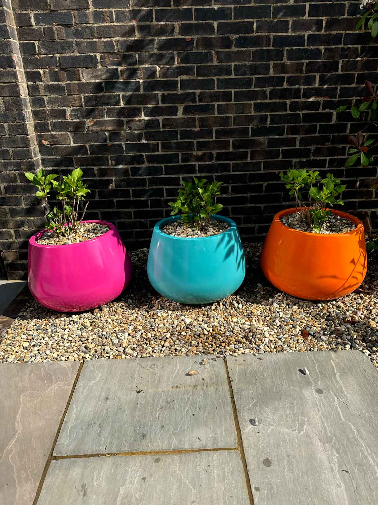 Row of colourful planters in pink, turquoise, and orange against a brick wall.