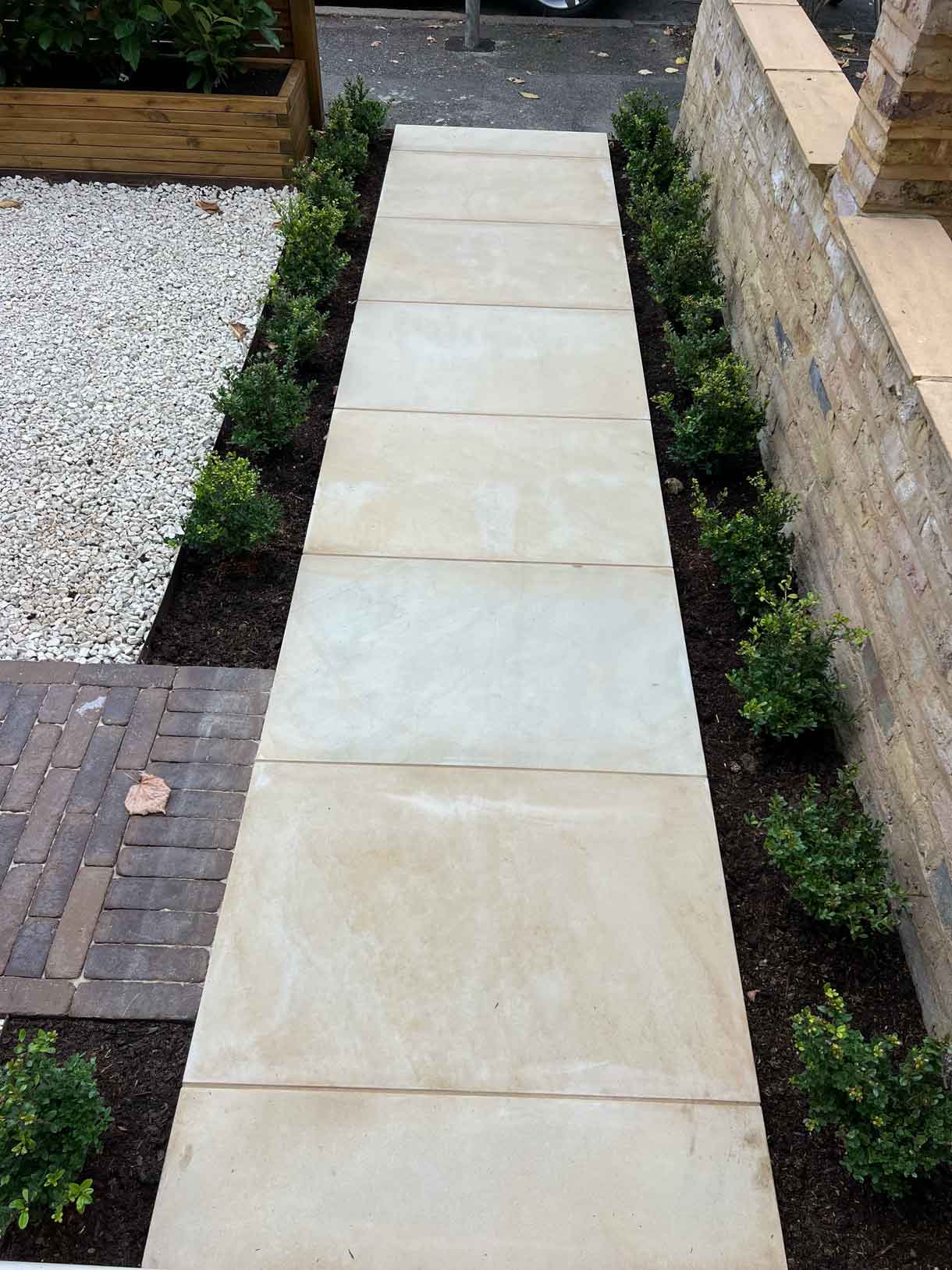 Straight sandstone path with young planting on both sides.