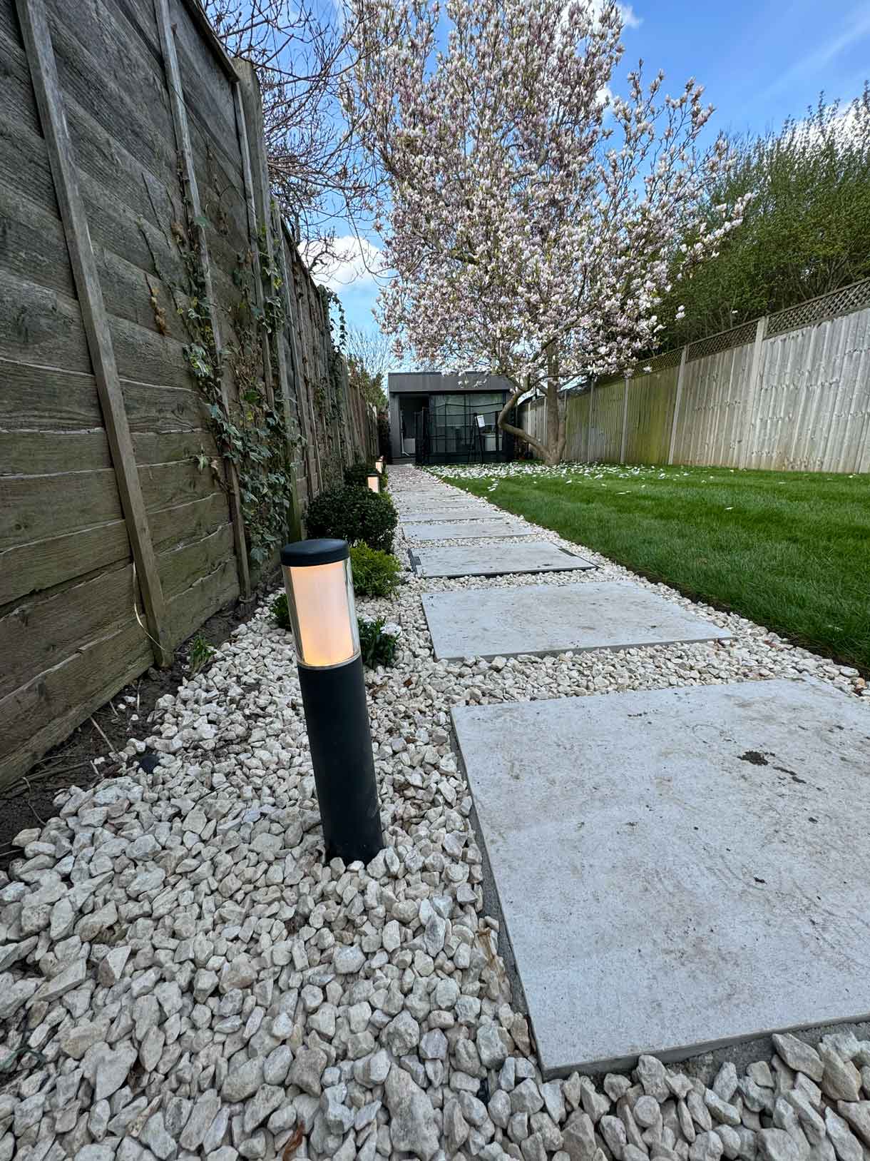 Side path with gravel and uplighters leading toward the magnolia tree.