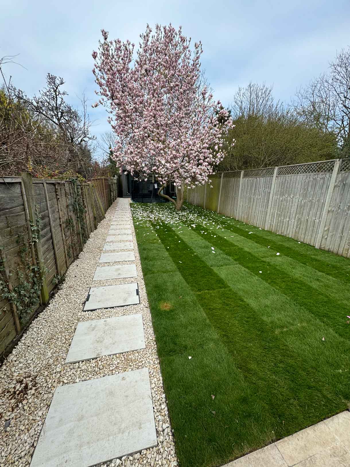 Long garden with a central stepping-stone path and freshly cut striped lawn.