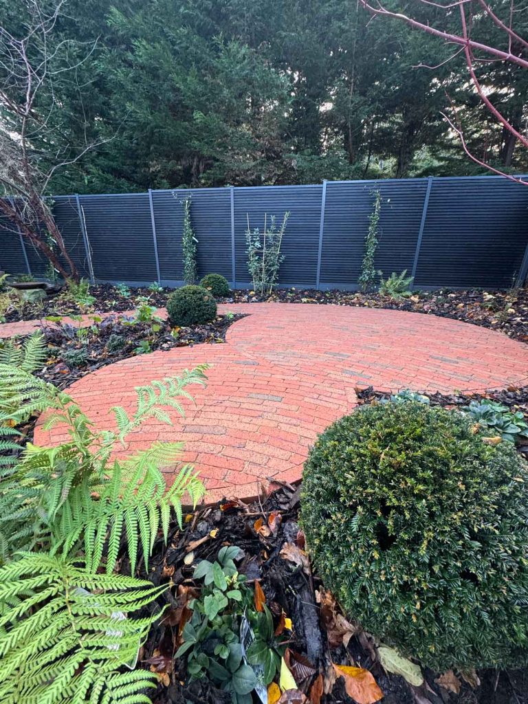 Tropical-inspired garden with palms, layered planting and a paved walkway.